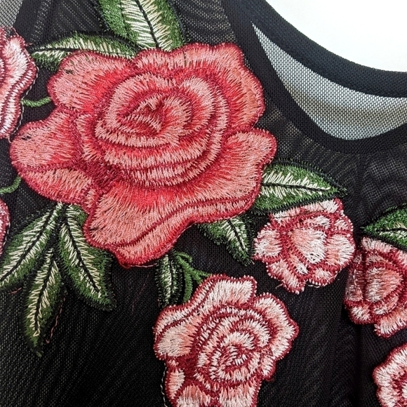 SHEER Black Bodysuit with Rose Embroidered Front - Picture 4 of 4